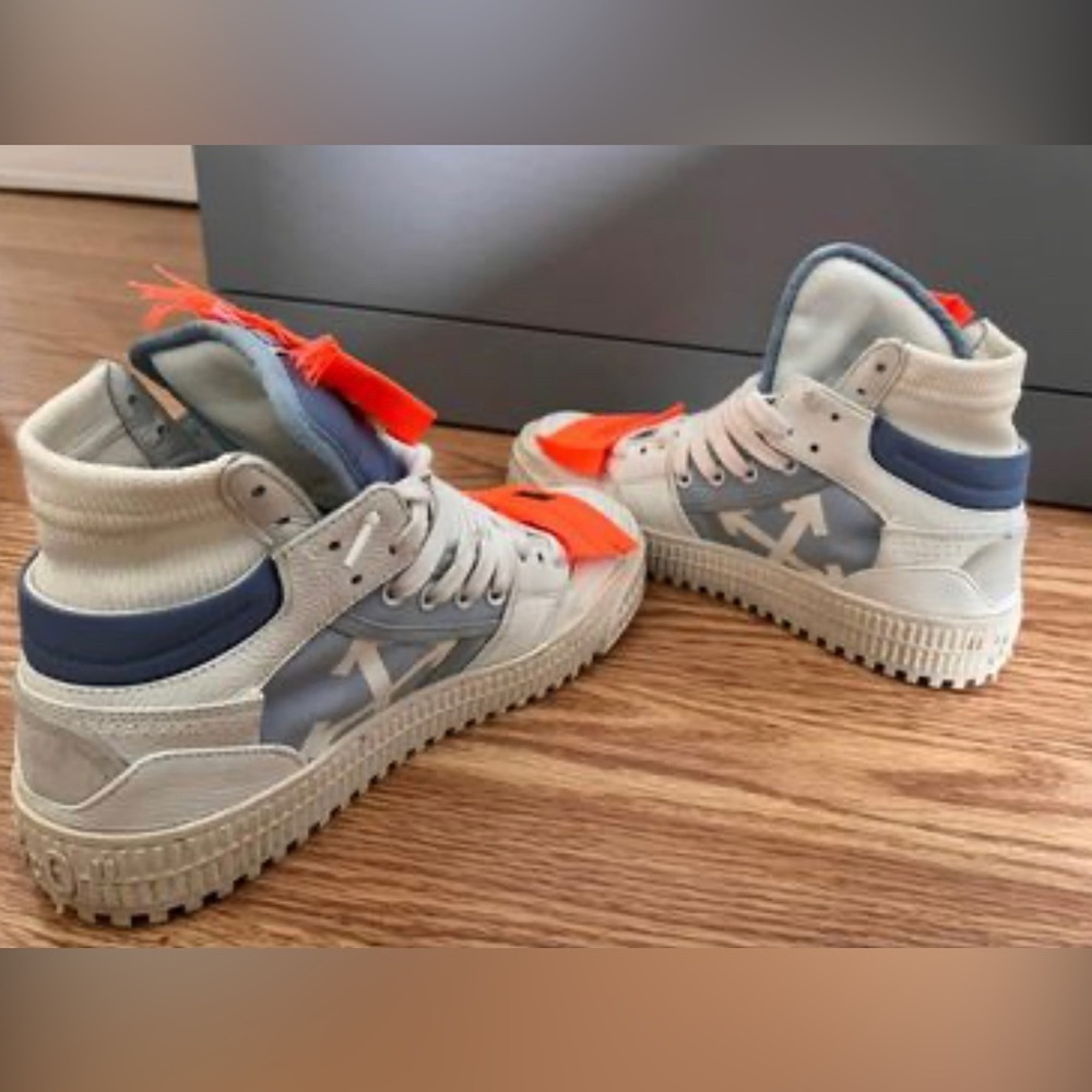 Off-White High-Top Sneakers in White, Blue, and Orange